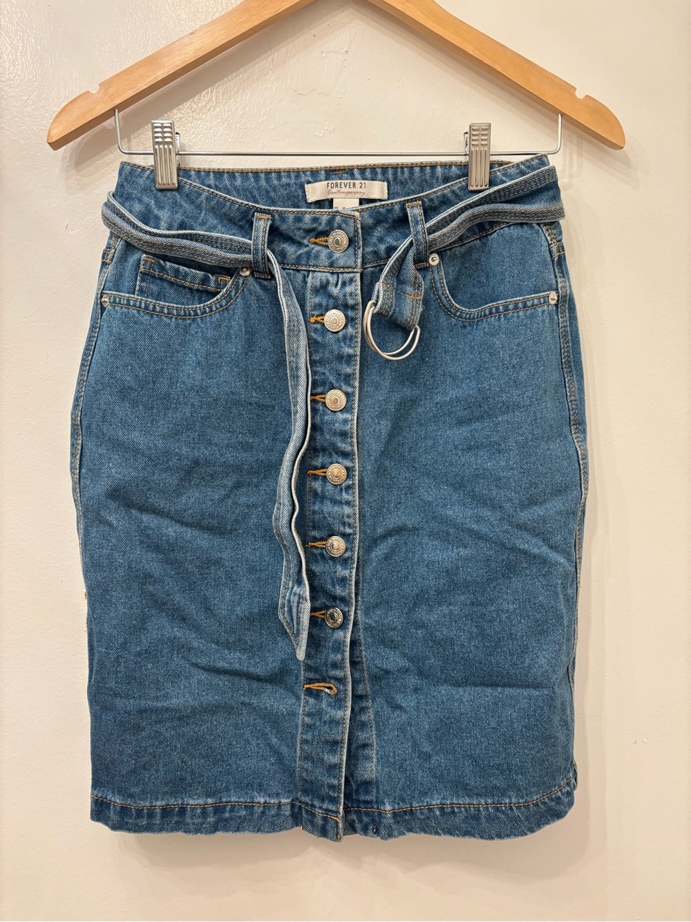 Forever 21 Medium Blue Denim Button-Front Pencil Skirt with Belt